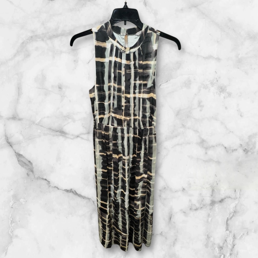 Black Cream Geometric Halter Maxi Dress High Neck Keyhole Back Workwear - Picture 3 of 8